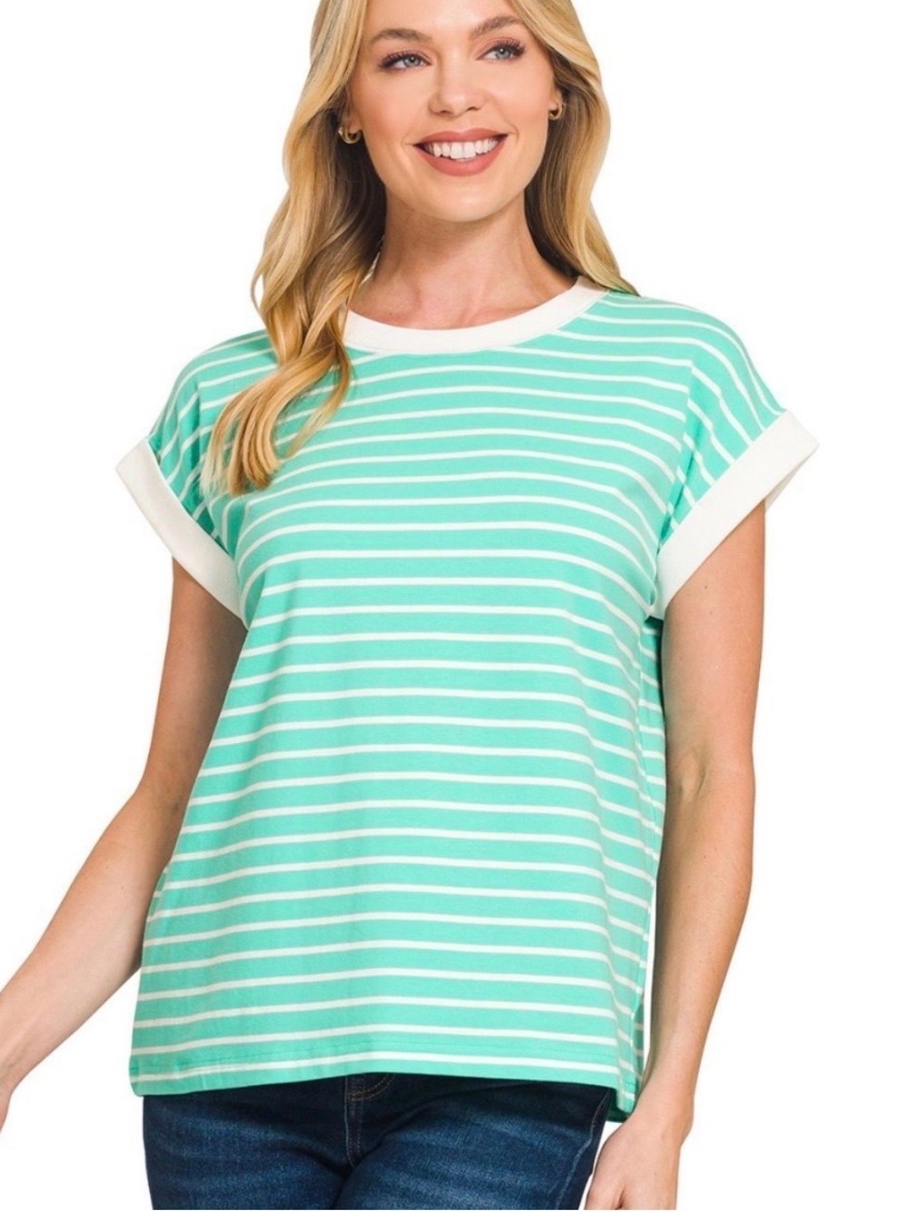 NWOT Zenana Contrast Trim Cap Sleeve Stripe Tee Size L